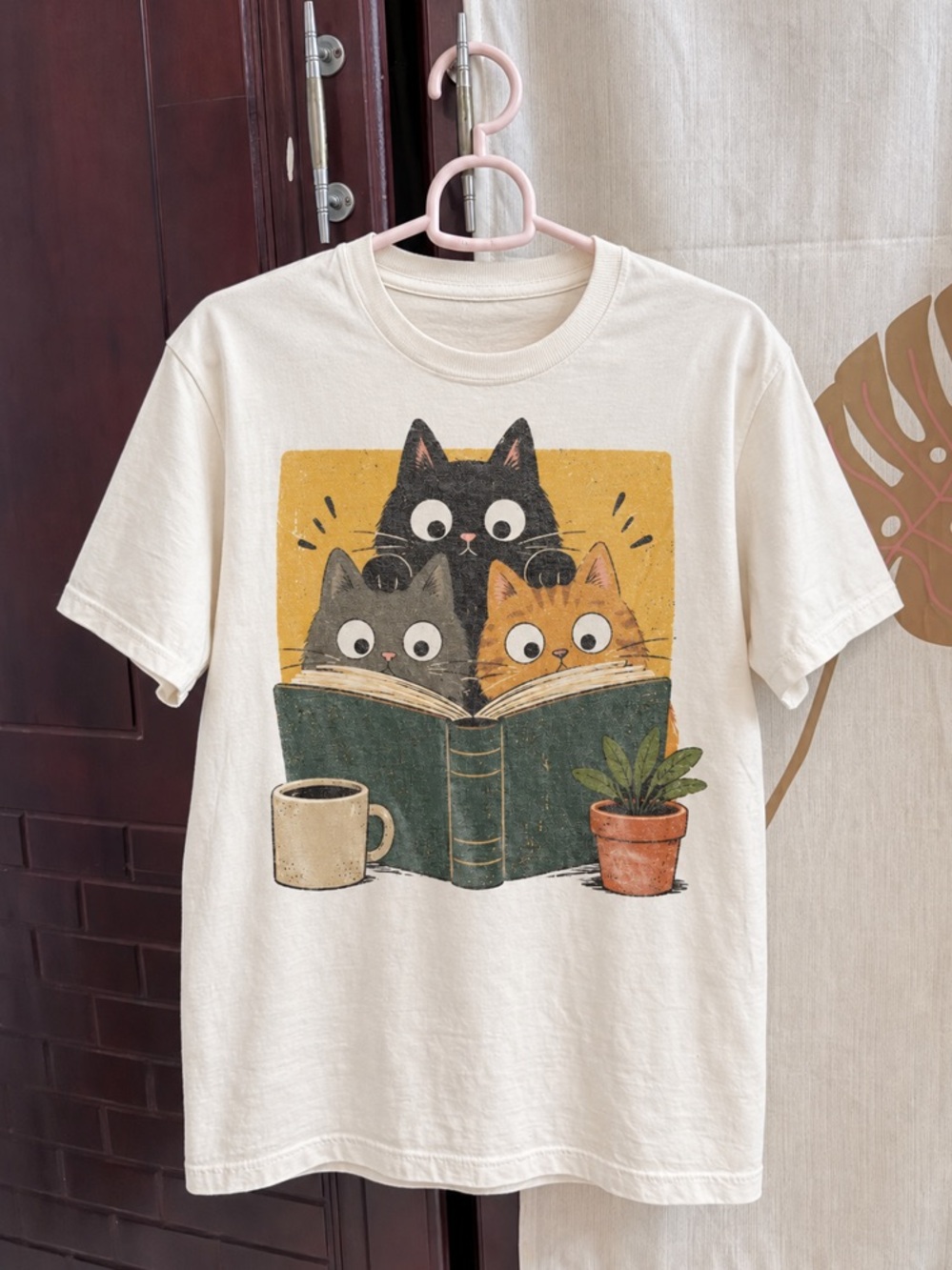 Cute Three Cats Reading Book Graphic White Tee